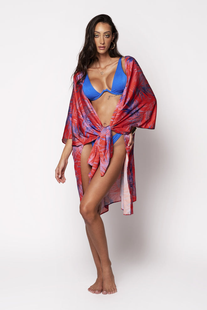 Cia Kimono in Red with Soft Blue Leaves