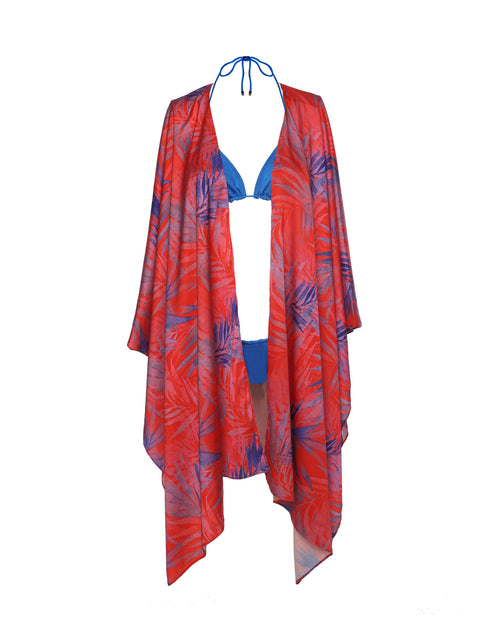 Cia Kimono in Red with Soft Blue Leaves