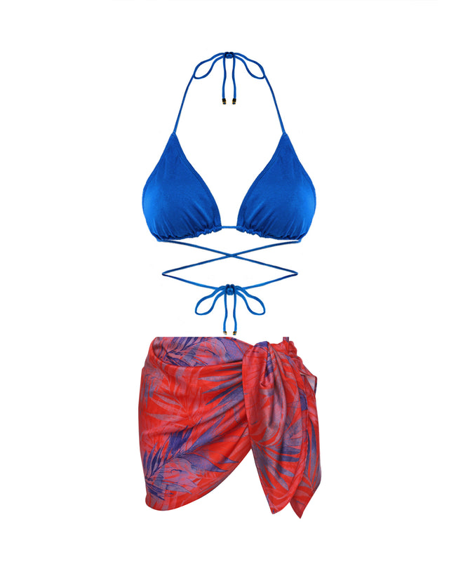Cia Sarong in Red  with Soft Blue Leaves