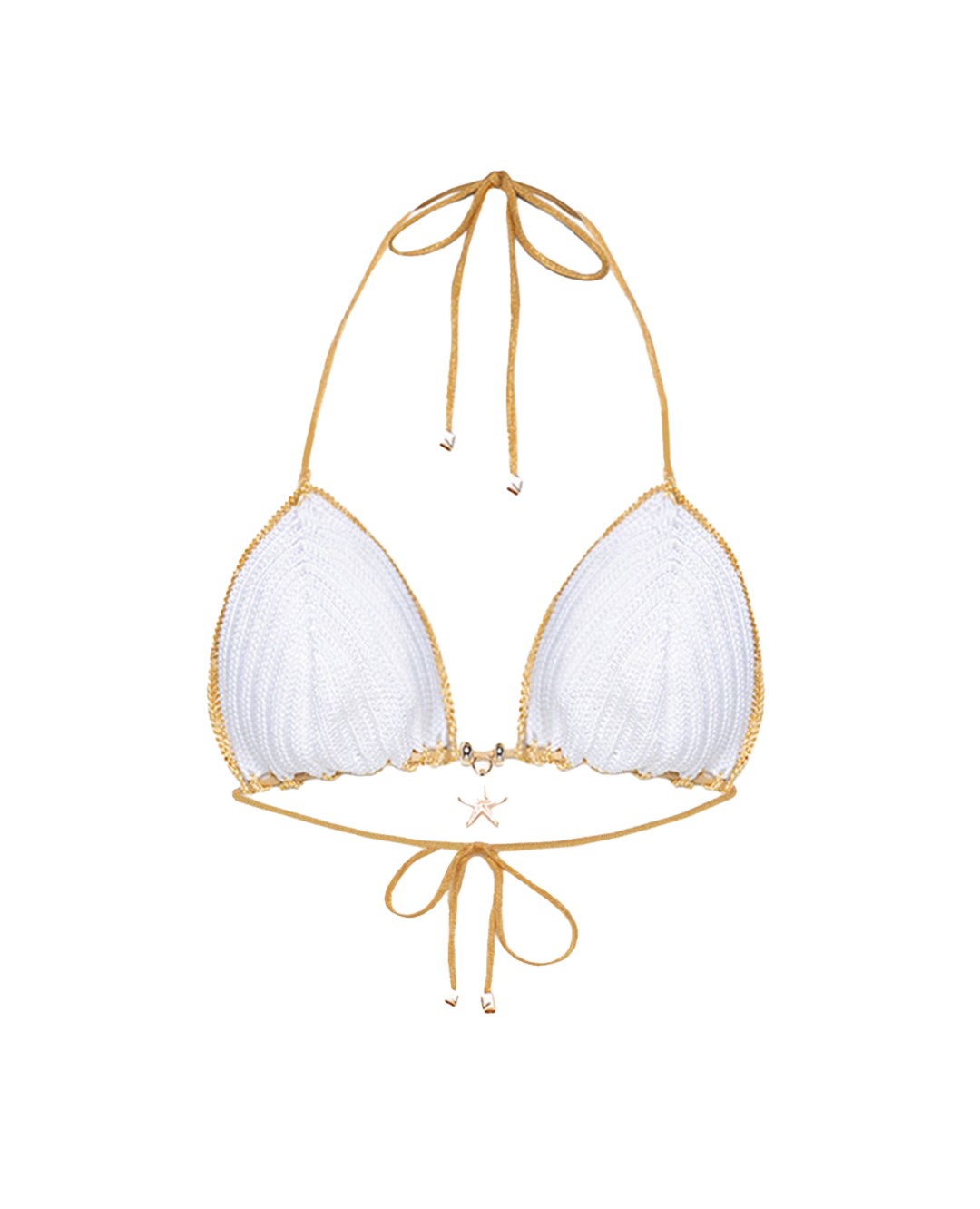 Sasha Crochet Top in White with Gold Trim by Cherina Beachwear — handcrafted luxury crochet triangle bikini top with metallic gold accent