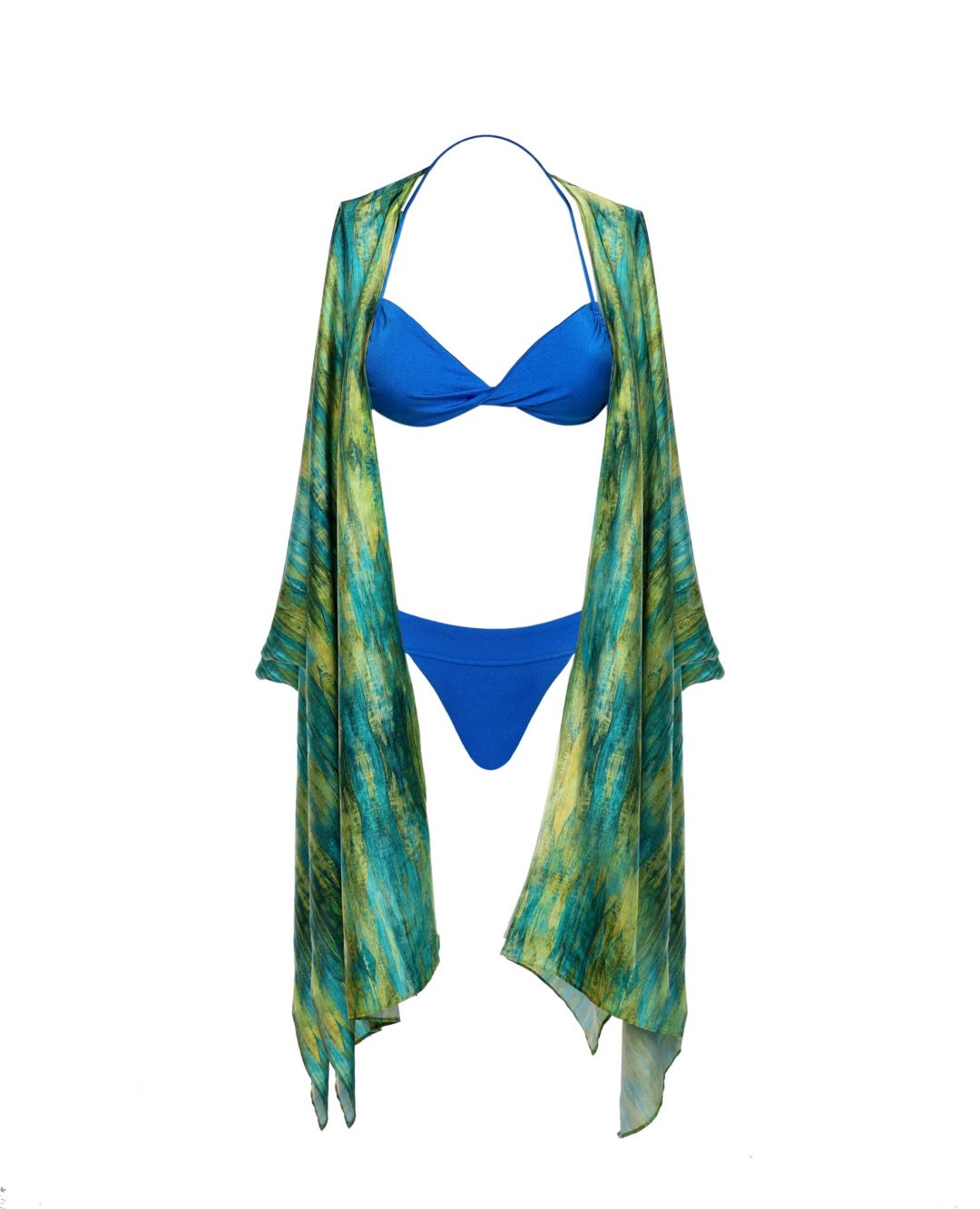 Cia Kimono in Tie Dye Blue & Lime Fusion by Cherina Beachwear — luxury resort kimono with vibrant print