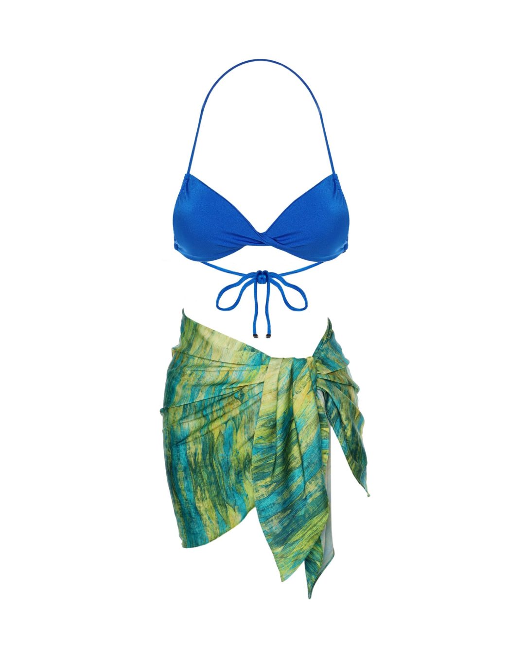 Cia Sarong in Tie Dye Blue & Lime Fusion by Cherina Beachwear — luxury resort wrap with vivid print