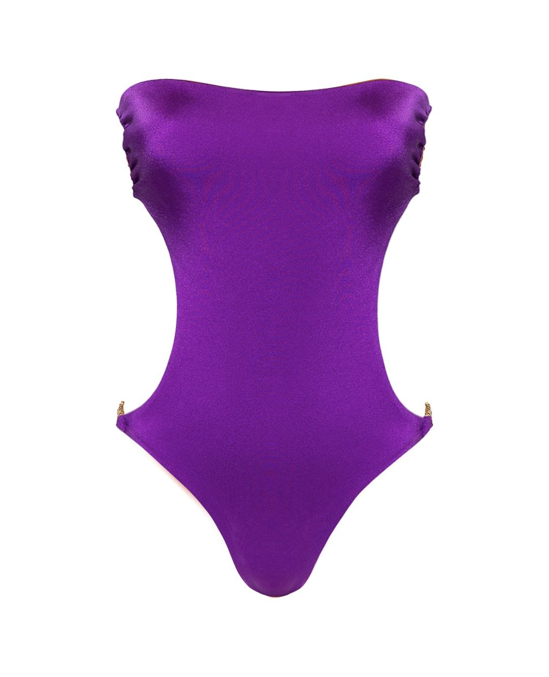 Priyana Swimsuit in Purple Reign by Cherina Beachwear — luxury sculpted strapless one-piece with side cutouts