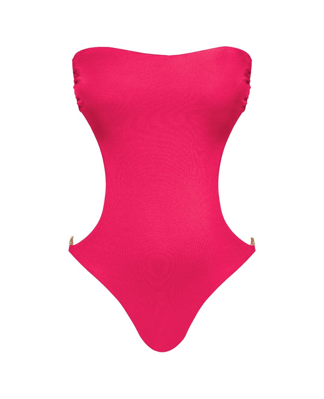 Priyana Swimsuit in Soleil Rouge by Cherina Beachwear — luxury sculpted strapless one-piece swimsuit with side cutouts