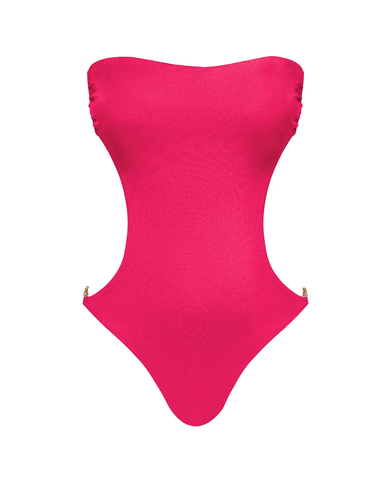 Priyana Swimsuit in Soleil Rouge by Cherina Beachwear — luxury sculpted strapless one-piece swimsuit with side cutouts