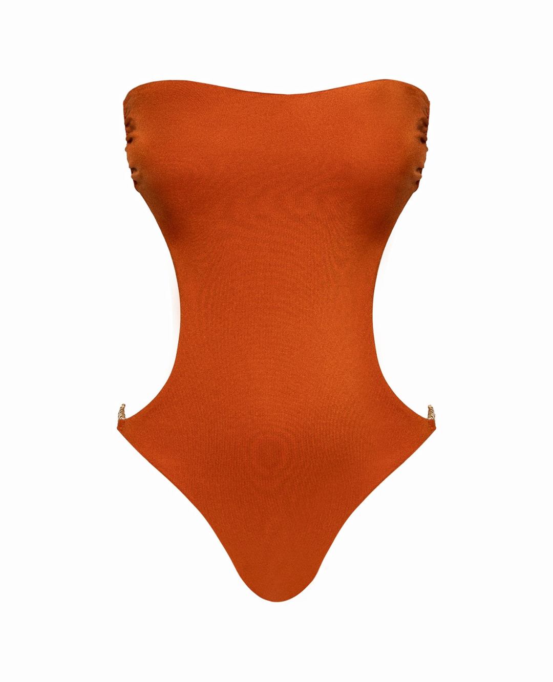 Priyana Swimsuit in Amber Glow by Cherina Beachwear — luxury sculpted strapless one-piece with side cutouts