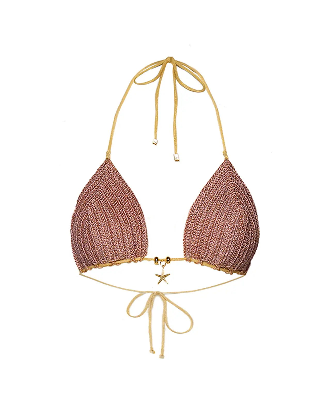 Nora Crochet Top in Rose Bush by Cherina Beachwear — luxury crochet bikini top with gold accent trim