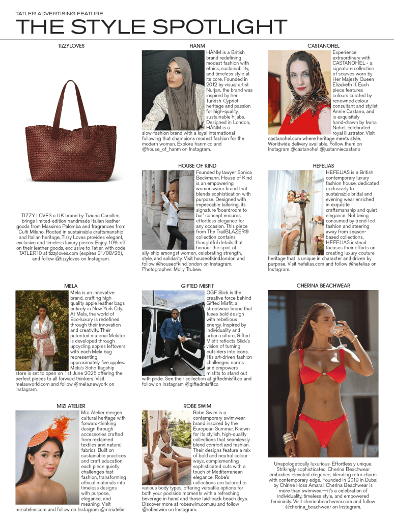 Editorial spread in Tatler July 2025 showcasing Cherina Beachwear designs