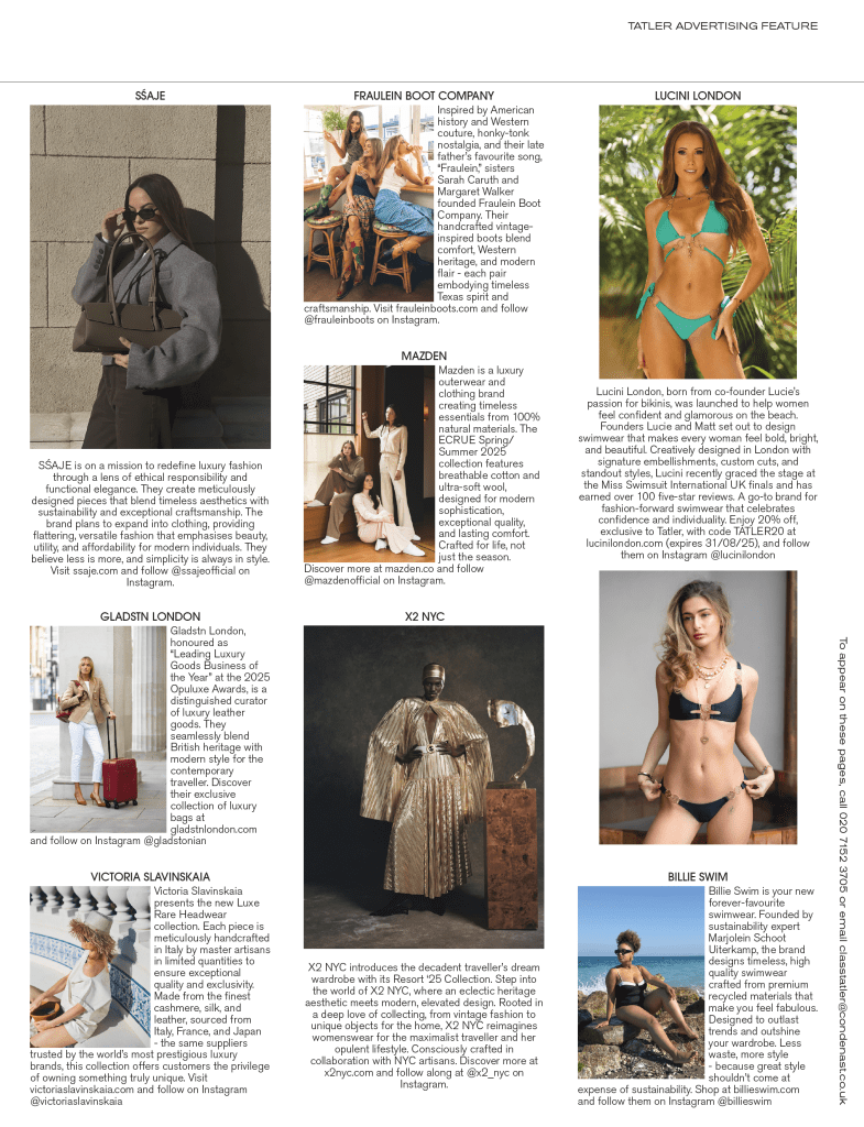 Editorial spread in Tatler July 2025 showcasing Cherina Beachwear designs