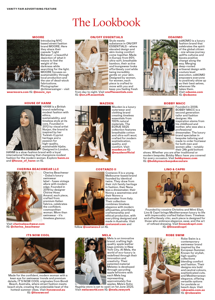 Editorial spread in Vanity Fair June 2025 showcasing Cherina Beachwear designs