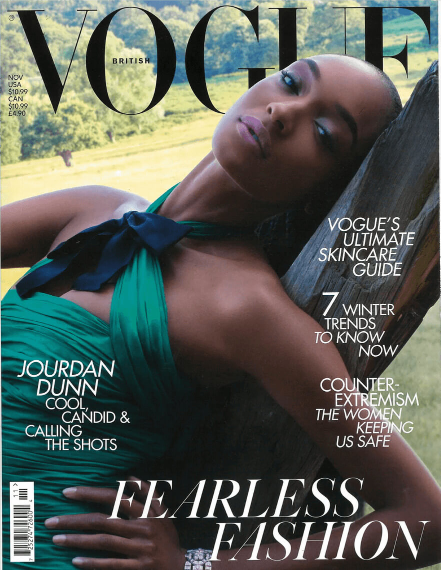 Vogue British Magazine cover featuring Cherina Beachwear in a high-fashion editorial, highlighting fearless style and luxury design.