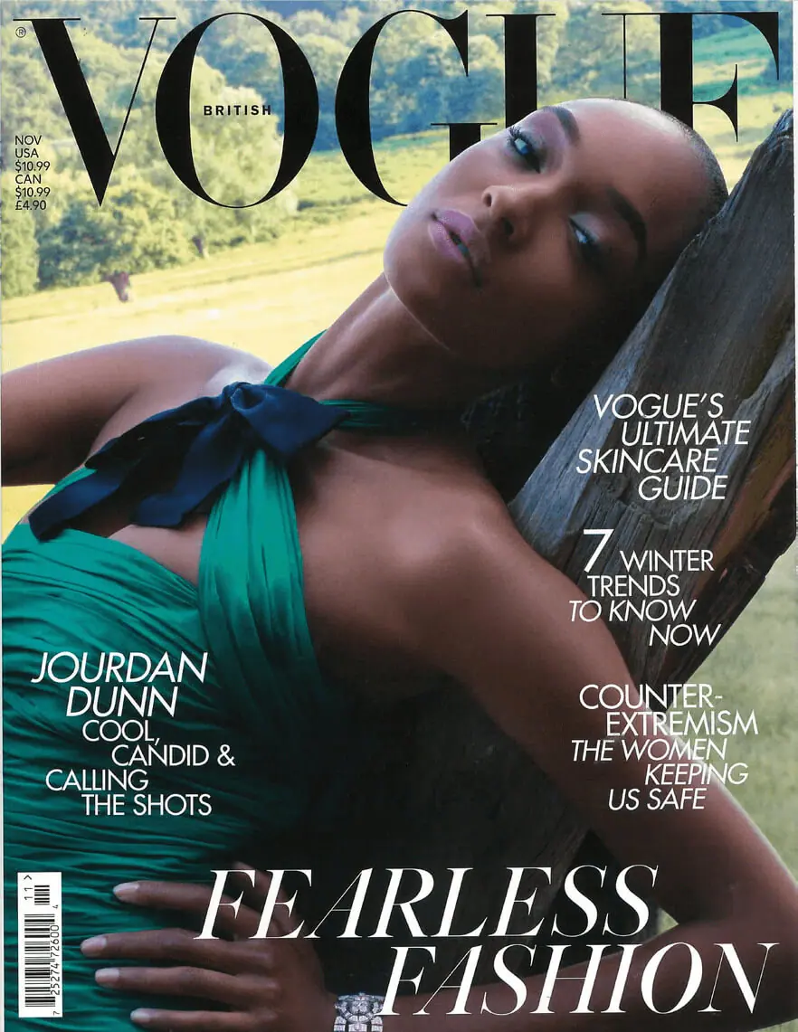 Vogue British Magazine cover featuring Cherina Beachwear in a high-fashion editorial, highlighting fearless style and luxury design.
