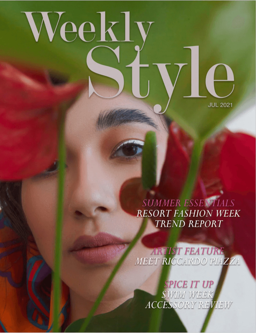 Weekly Style Magazine July 2021 cover featuring Cherina Beachwear, highlighting summer essentials and resort fashion trends.